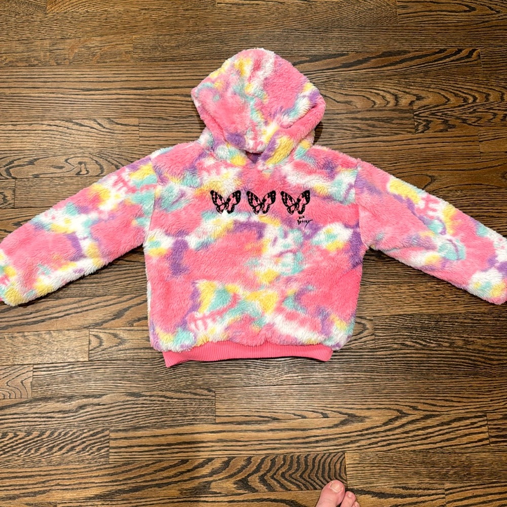 Betsey Johnson Girls Sherpa Tie Dye Rainbow Faux Fur Pullover Hoodie X-SMALL